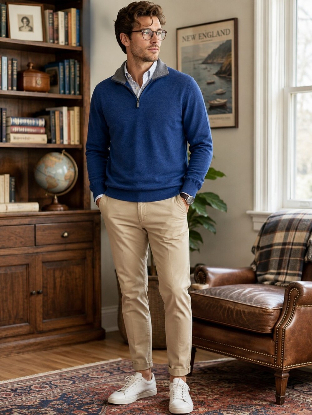 Preppy Merino Wool Quarter Zip Sweater Blue Gray Scott Barber Men’s L